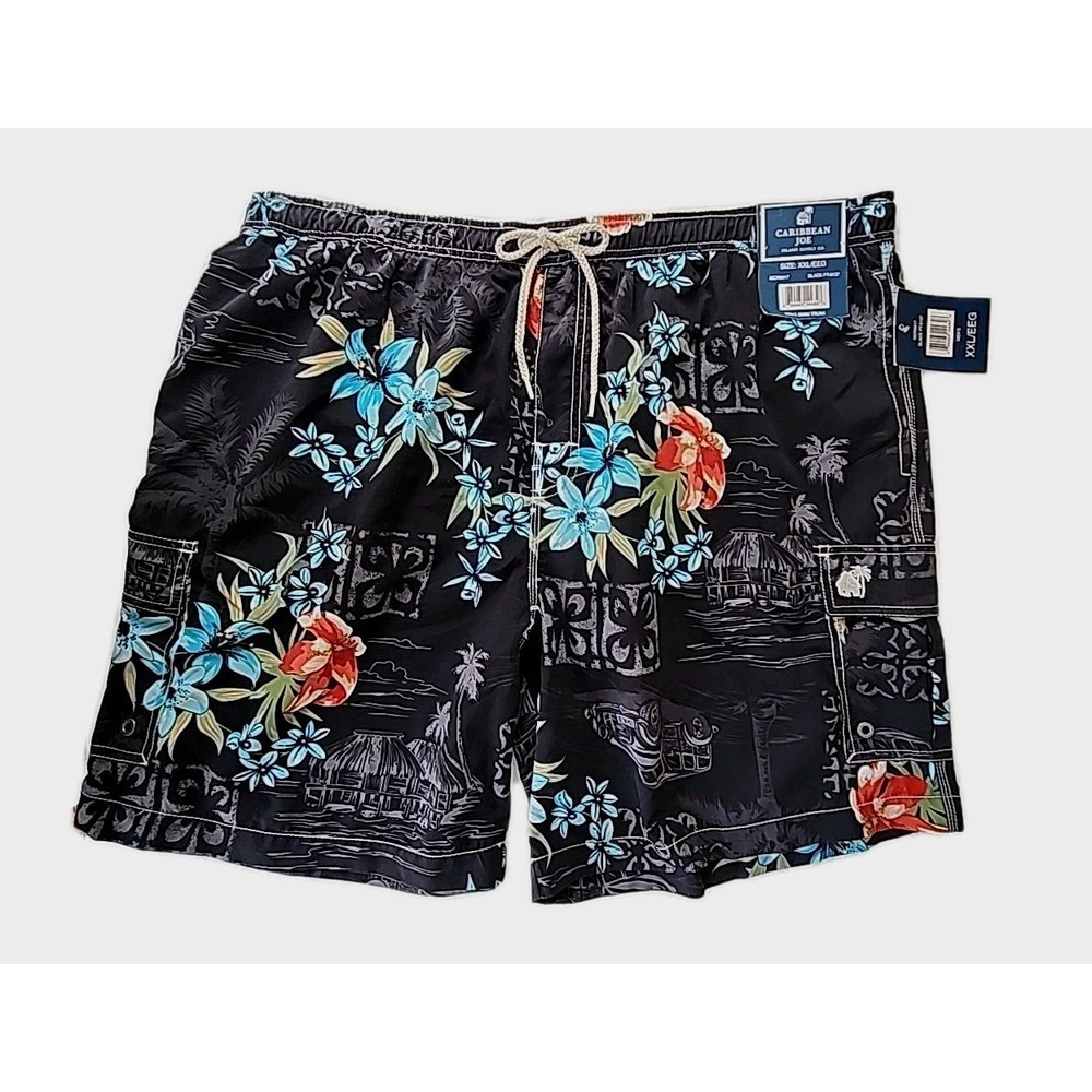 NWT Caribbean Joe Men's 2XL Swim Trunks Board Shorts Island Floral AOP Black New